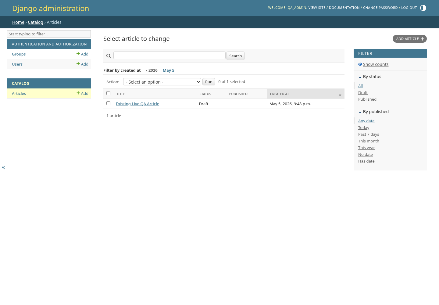 Django admin Article changelist