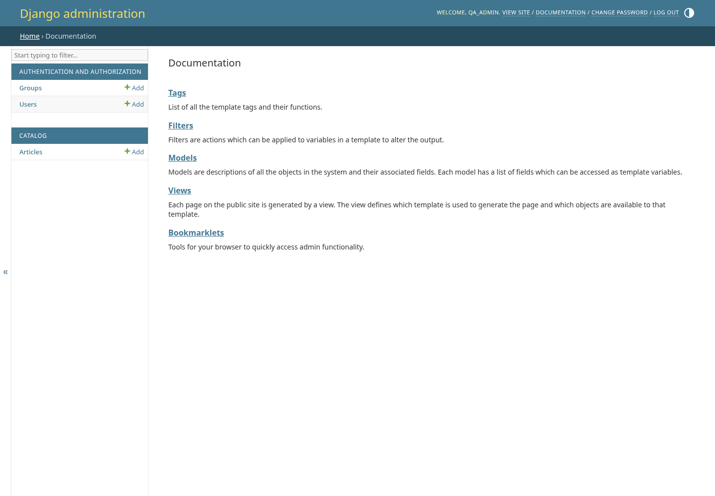 Django admindocs index